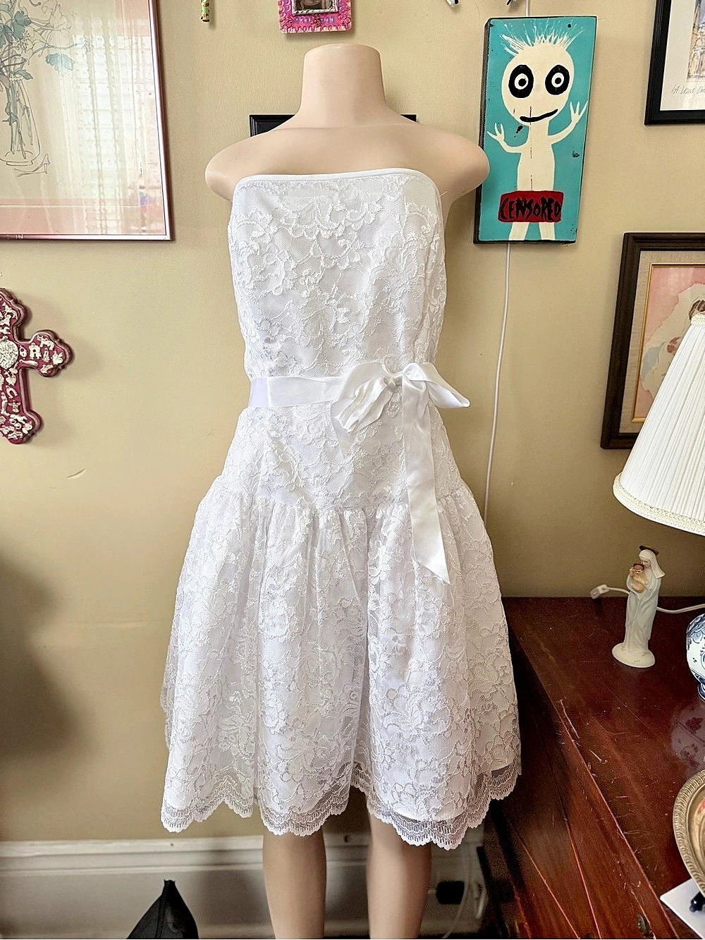 Jessica McClintock White Lace Strapless Mini Dress Size 13/14 Like New